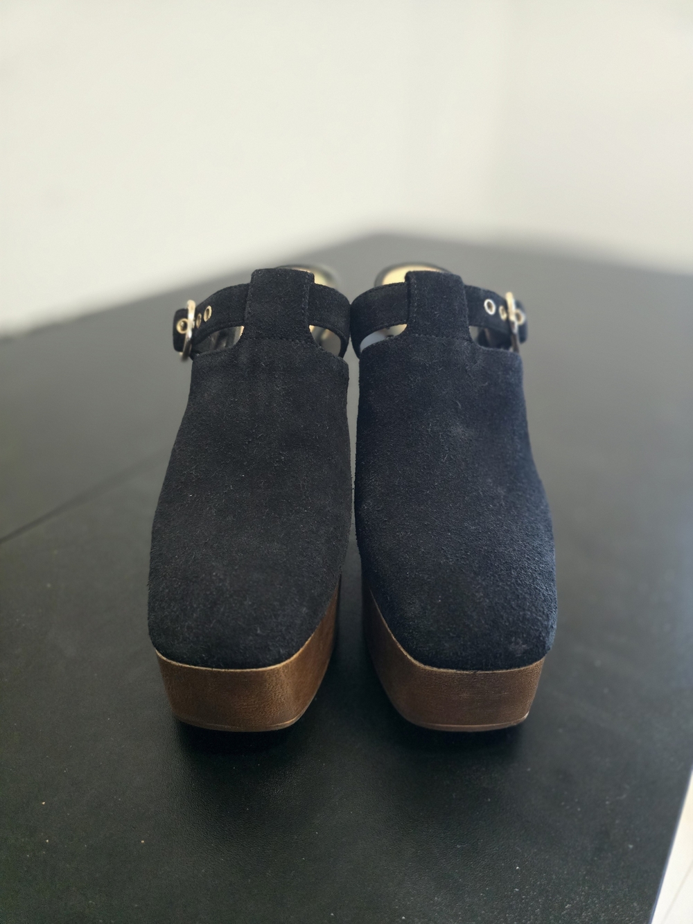 Gianni Bini Black Suede Platform Clogs with Brown Wood-Effect Sole